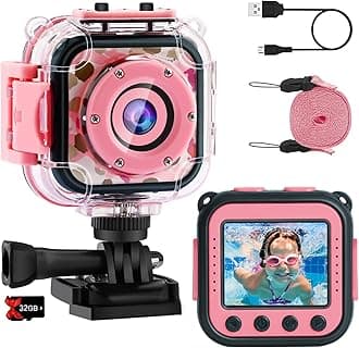 PROGRACE Pool Toy & Kids Underwater Camera - IP68 Waterproof Action Camera for Boys Ages 3-12, 1080P Video, 32GB Card, Mount for Bike & More, Birthday Gift for Diving, Swimming, Riding, Snorkeling