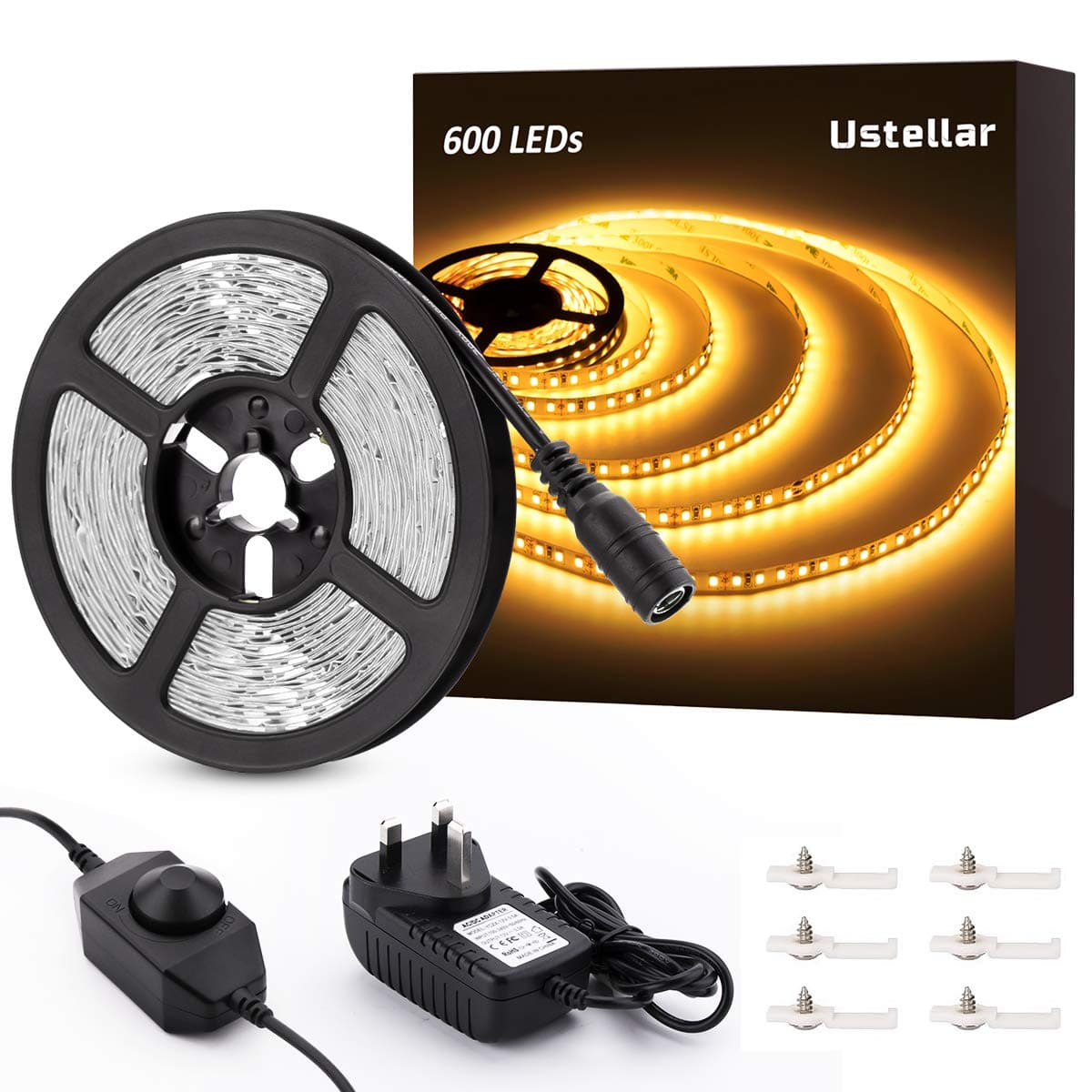 Ustellar Dimmable LED Strip Lights Kit, Super Bright 3000lm Warm White Strip Lighting, 5M 600 Units SMD 2835 LEDs, 12V LED Tape, Non-Waterproof LED Ribbon with Clips for Stairway Home Decoration