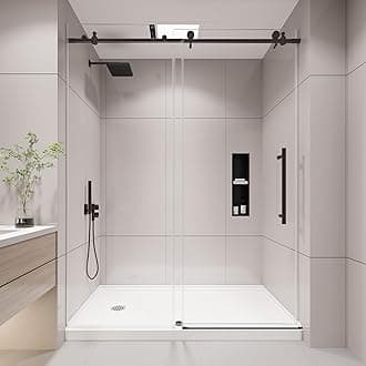 KPUY Frameless Shower Door, 49-54" W x 76" H Sliding Glass Shower Door, 1/4" (6mm) Thick Tempered Clear Glass with Explosion-Proof Film Nano Coating, Stainless Steel Hardware, Matte Black