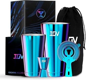 Boston Cocktail Shaker Bar Set, Bartender Kit Drink Mixer Set with 18 oz & 28 oz Boston Shakers, Hawthorne Strainer, Double Jigger, Bar Tool Kit and Recipe Booklet - Rainbow