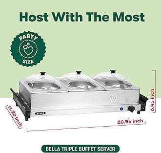 BELLA 3 x 1.5 Quart Triple Electric Buffet Server, Food Warming Tray & Slow Cooker - Brushed Stainless Steel Heated Serving Station for Parties & Catering