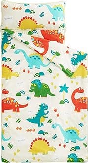 Wake In Cloud - Nap Mat with Removable Pillow for Kids Toddler Boys Girls Daycare Preschool Kindergarten Sleeping Bag, Dinosaurs Printed on Ivory Cream, 100% Cotton with Microfiber Fill