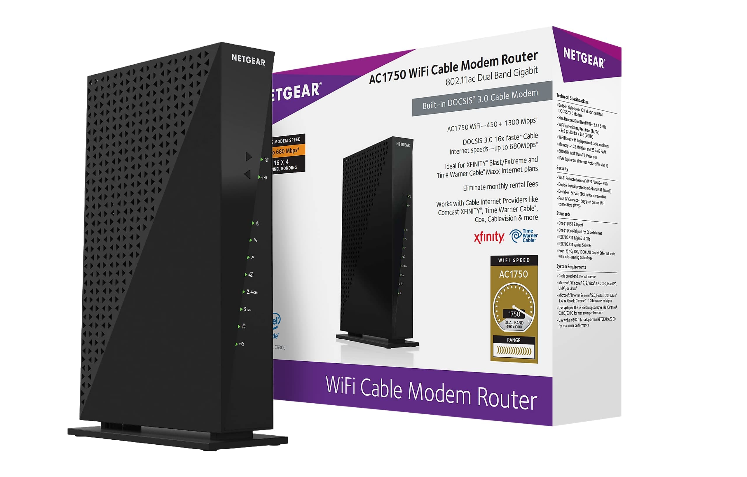 NETGEAR Cable Modem WiFi Router Combo C6300 | Compatible with Cable Providers Including Xfinity by Comcast, Spectrum, Cox for Cable Plans Up to 400Mbps | AC1750 WiFi Speed | DOCSIS 3.0