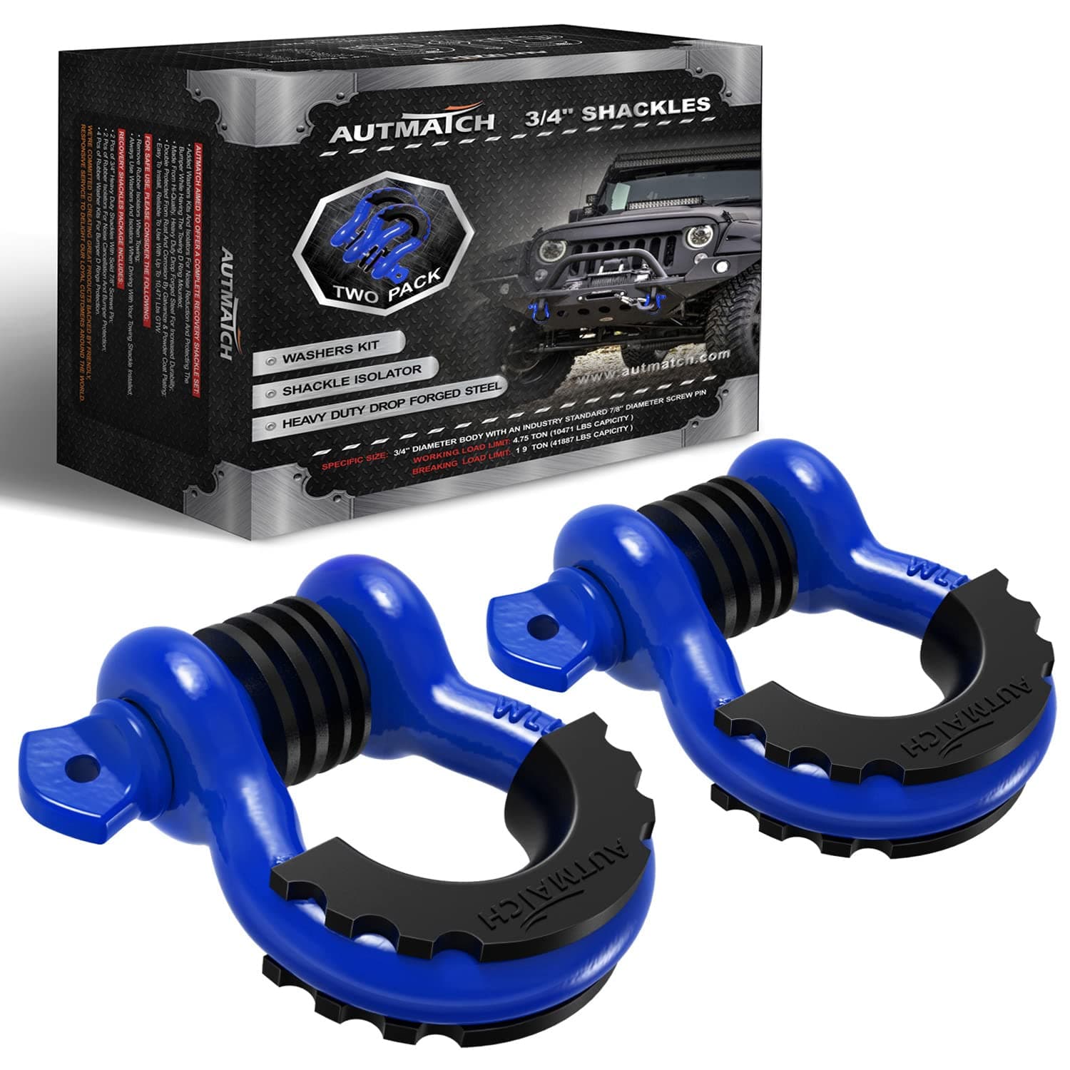 AUTMATCH D Ring Shackle 3/4" Shackles (2 Pack) 41,887Ibs Break Strength with 7/8" Screw Pin and Shackle Isolator Washers Kit for Tow Strap Winch Off Road Vehicle Recovery Blue