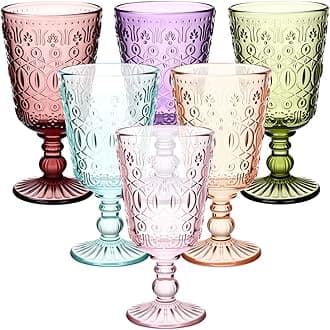 Eaasty Wine Glasses Set of 6 Vintage Goblet 9 oz Vintage Colored Glass Goblet Beverage Stemmed Glass Cups Romantic Embossed Glassware for Wedding Party Holidays Anniversary (Multi Colors)