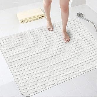 Extra Wide 88x58CM Non-Slip Soft Bath Mat Anti Slip TPR Shower Mat with Strong Suction Cups Non Skid Mats for Bathroom Toilet Hotel, Anti-Bacterial Safety Bathtub Mat,White