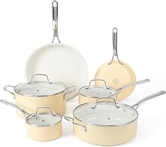 Martha Stewart Lockton Premium Nonstick PFA Free Ceramic Interior 10 Piece Enamel Heavy Gauge Aluminum Pots and Pans Cookware Set - Butter Cream