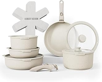 Country Kitchen 13 Piece Pots and Pans Set - Safe Nonstick Cookware Set Detachable Handle, Kitchen Cookware with Removable Handle, RV Cookware Set, Oven Safe (Cream) (YFAC13RH CRM)