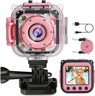 PROGRACE Kids Underwater Camera & Pool Toy - IP68 Waterproof Action Camera for Girls Ages 3-12 with 1080P Video, 32GB Card, Bike Mount, Birthday Gift for Swimming, Diving, Riding, Snorkeling