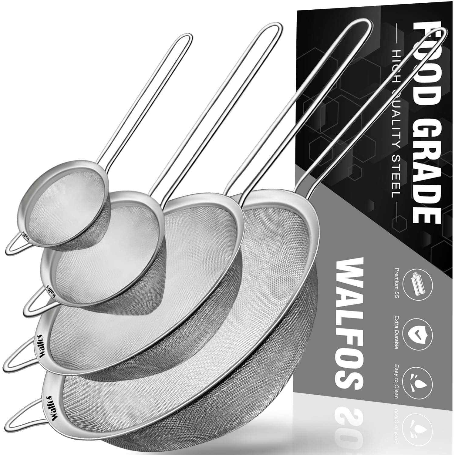 Walfos Fine Mesh Strainer 4PCS, Versatile Kitchen Strainer with Handle - 7", 4.6", 3.15", 2.7" Sieve Fine Mesh Stainless Steel, Metal Strainers and Sifters for Rice, Quinoa, Tea, Cocktail, Juice