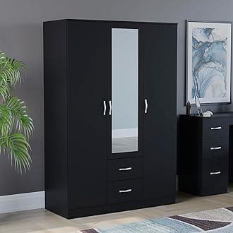 Vida Designs Riano Wardrobe, With Shelf & Hanging Rail Bedroom Storage Furniture (Black, 3 Door Mirrored)