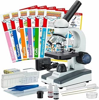 AmScope - 40X-1000X Compound Monocular Student Microscope Set + Slide Preparation Kit + Science Experiment Cards - M150C-SP14-EXCL1