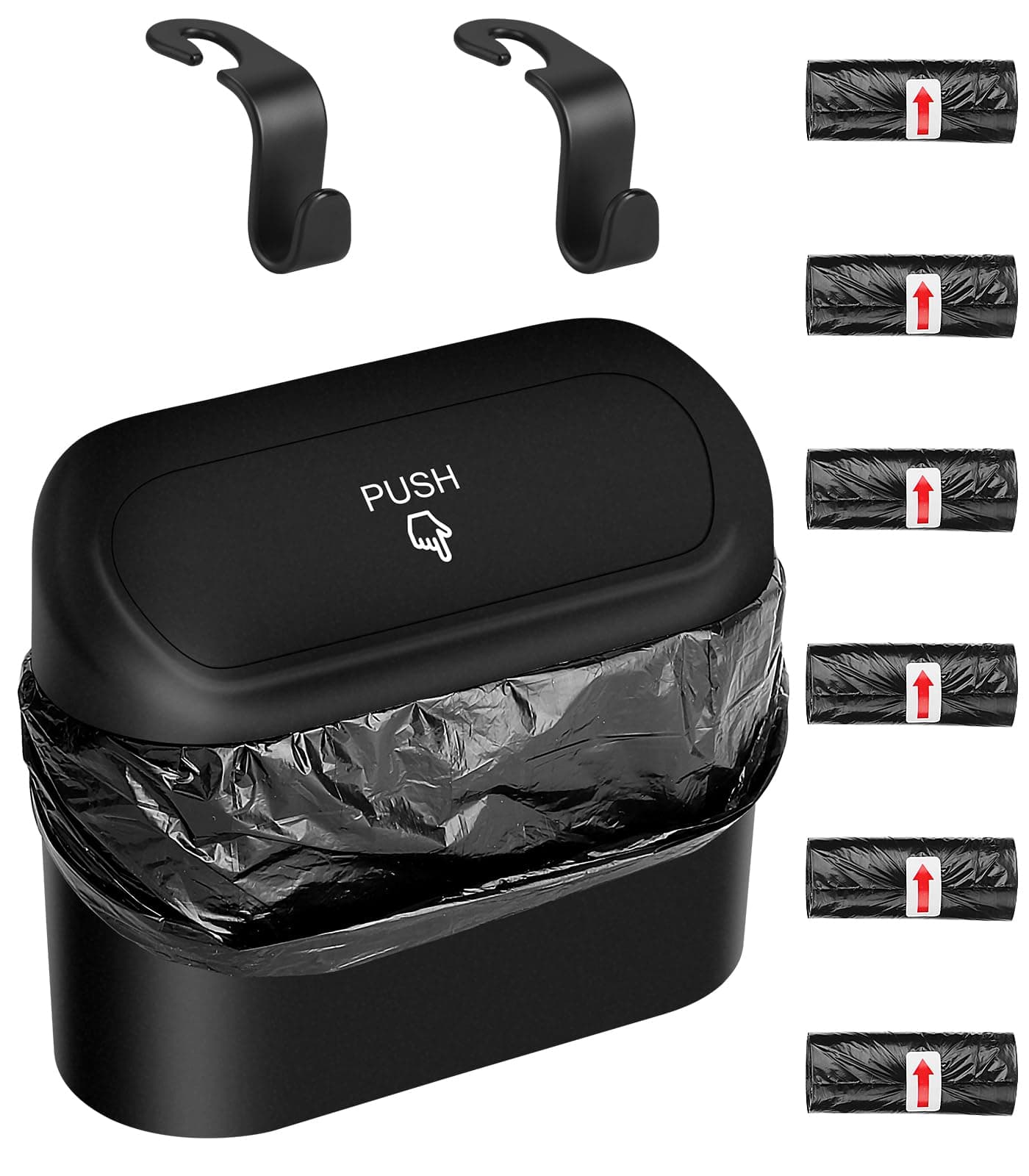 Car Bin with Lid, Mini Rubbish Bin with 6 Rolls Trash Bags & 2 Hanging Hooks, Push-On Leakproof Small Waste Bin for Front Back Seat, Portable Trash Can Organiser for Vehicle Accessories, Black