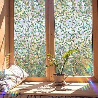 GORGECRAFT 100x43cm Plant Leaves Rainbow Window Privacy Film 3D Frosted Stained Window Glass Decorative Window Cling Non-Adhesive Static UV Resistant Decals Reusable Sun Blocking Sticker for Home