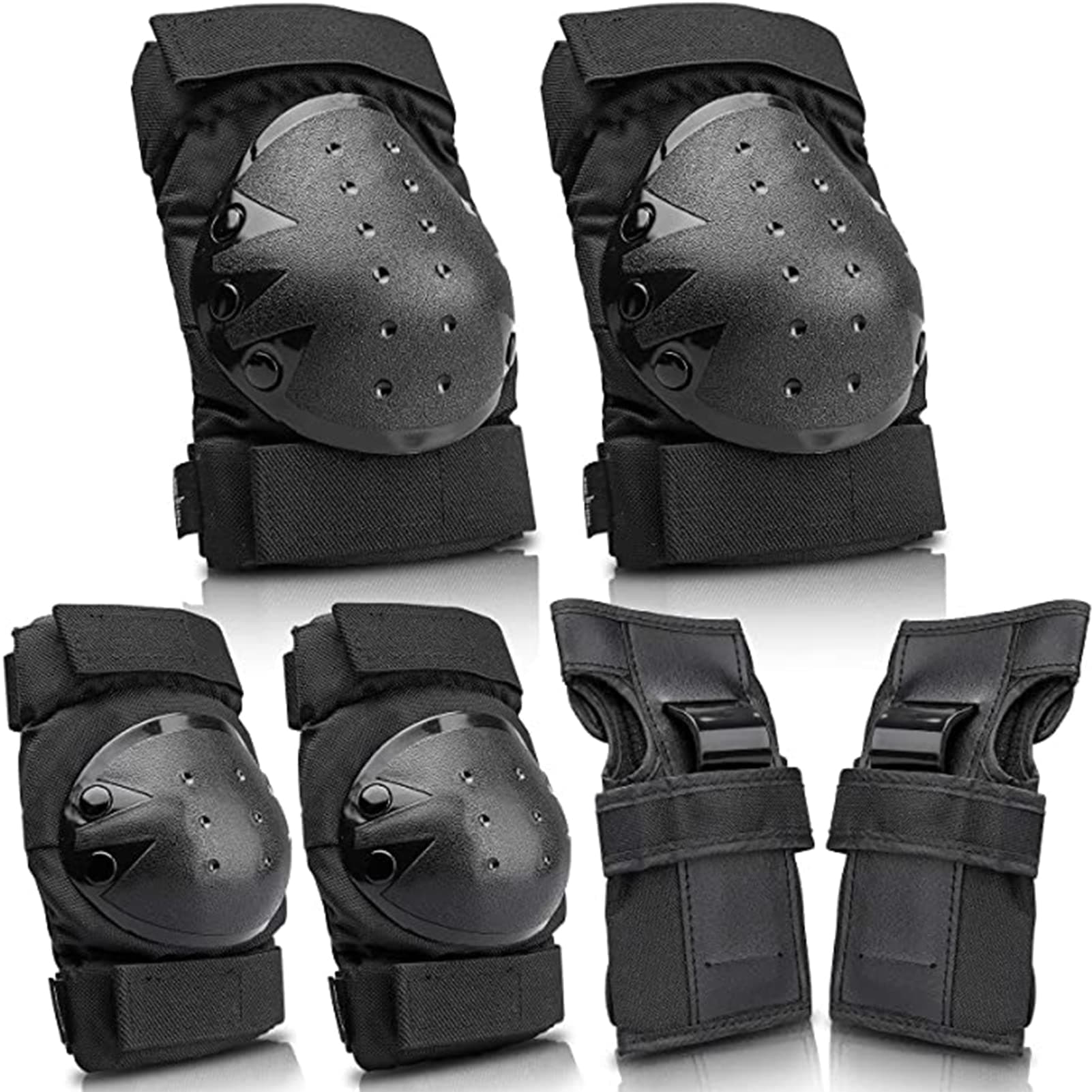 QASD Protective Knee Pads Set, 6 In 1 Adjustable Protective Gear Knee Elbow, Pads for Kid Teenager Adult Black-L