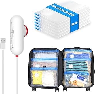 VMstr 6 Pack Vacuum Storage Bags for Travel, Compression Packing with USB Powered Electric Pump, Vacuum Seal Bags for Clothes and Clothing, Luggage Organized
