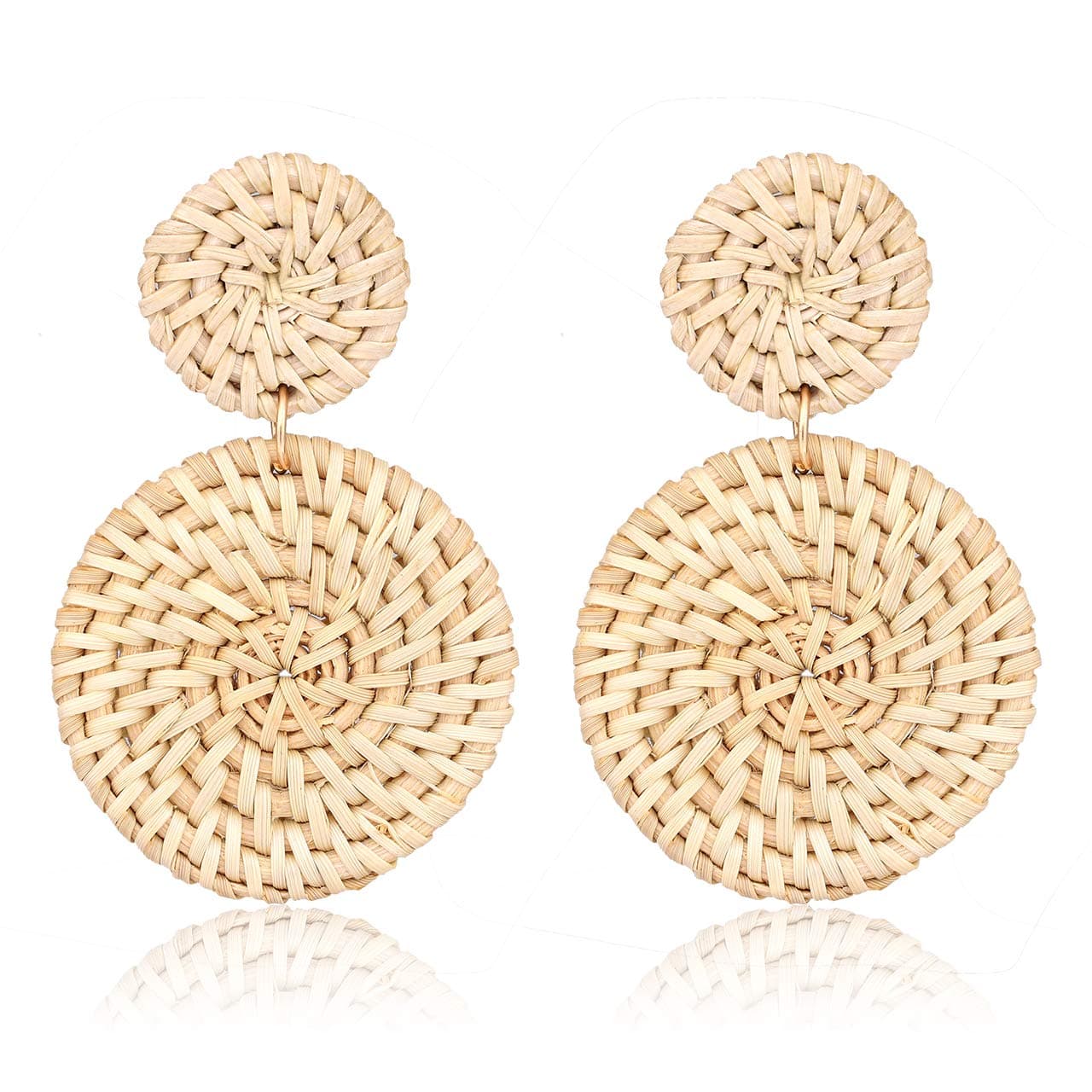 Weave Straw Double Disc Drop Earrings Boho Rattan Dangle Statement Earrings