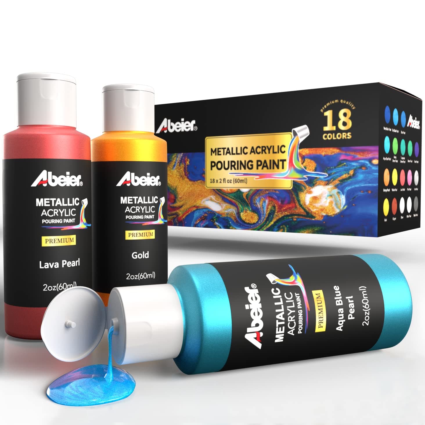 ABEIER Metallic Acrylic Pouring Paint Set - Set of 18 Metallic Colors - Pre-Mixed High Flow & Ready to Pour - 2 oz./ 59 ml Bottles - Multi-purpose Paints for Canvas & Paper, Rocks, Wood and More