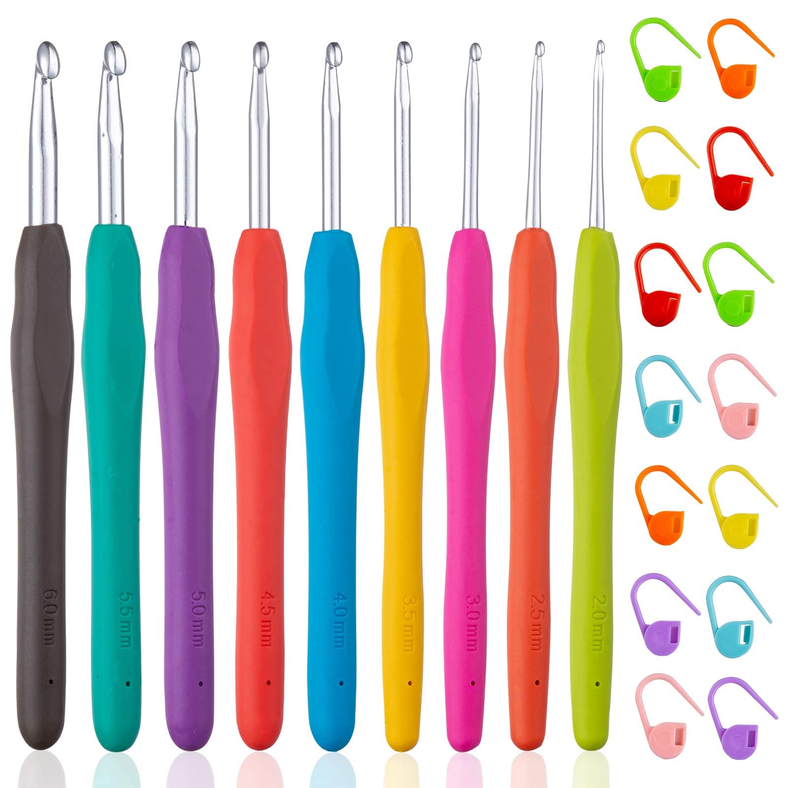 Vodiye 9 Sizes Crochet Hooks 2.0–6.0mm, Ergonomic Crochet Hook Set, Crochet Needles for Beginners, DIY Projects and Craft Lovers