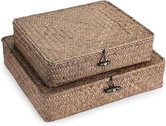 Set of 2 Flat Woven Wicker Storage Bins with Lid Natural Seagrass Basket Multipurpose Home Boxes for Shelf Organizer (Coffee)
