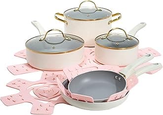Paris Hilton Epic Nonstick Pots and Pans Set, Multi-layer Nonstick Coating, Tempered Glass Lids, Soft Touch, Stay Cool Handles, Made without PFOA, Dishwasher Safe Cookware Set, 12-Piece, Cream