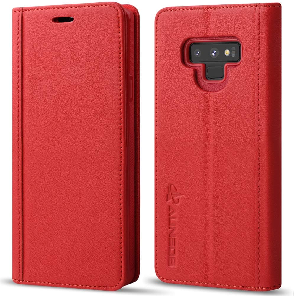 Wallet Case for Galaxy Note 9 [3D Full Cover], AUNEOS Pemium Leather Case for Samsung Galaxy Note 9 [Genuine Leather] [Card Slot] [Flip Stand] Folio Flip Case for Samsung Galaxy Note 9 (Red)