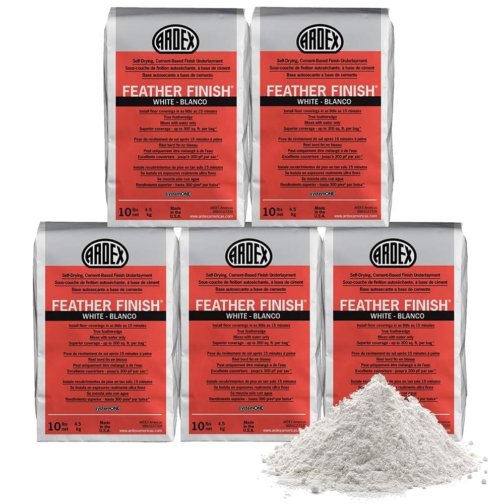 Ardex Feather Finish, Quick-Setting, Self-Drying, Cement-Based Flooring Underlayment for Smooth, Durable Floor Preparation Exceptional Bond Strength for Interior Use White Colored, 10 lbs - Pack of 5