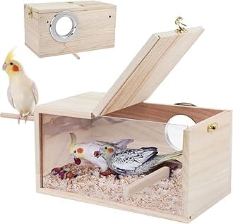 Rypet Parakeet Nesting Box Transparent Design, Thwartwise Bird Nest Breeding Box with Perch Wood Bird Cage House for Cockatiel Lovebirds Budgie Finch Parrotlets Canary L
