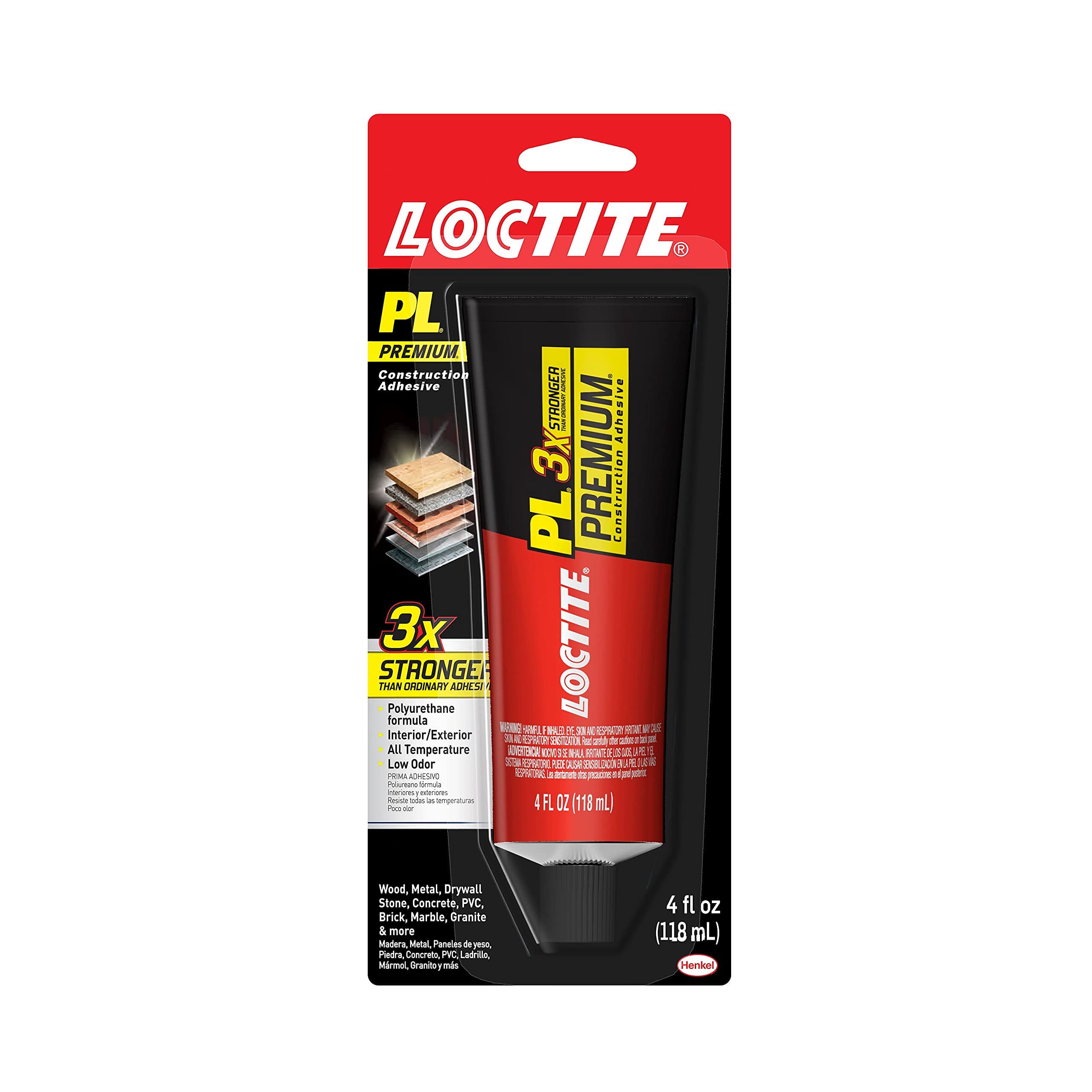 Loctite PL Premium Polyurethane Construction Adhesive, 4 fl oz Squeeze Tube, 1 Pack - Versatile Construction Glue for Wood, Concrete, Stone, Metal & More