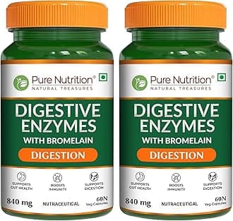 - Pure Nutrition Digestive Enzymes | Amylase, Lipase, Protease, Cellulase, Lactase, Bromelain| Better Bioavailability | Supports Digestion & Better Absorption of Food Nutrients - 60 Veg Caps (Pack 2)