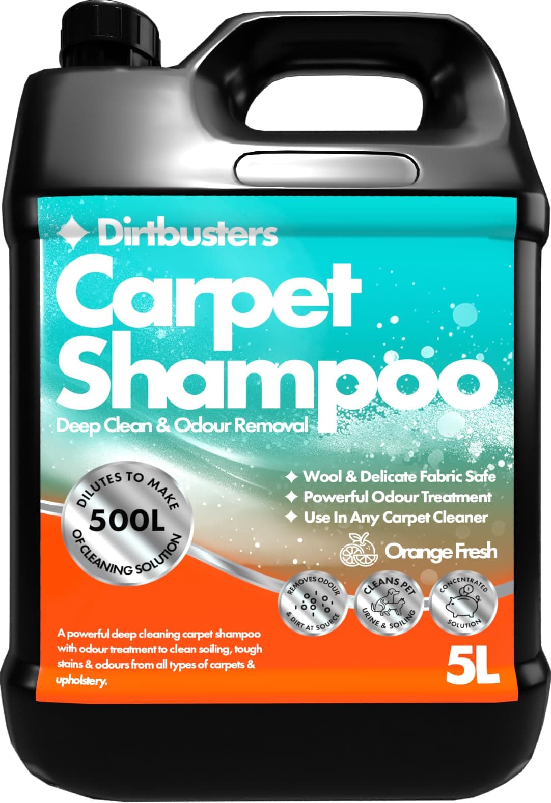 Carpet Cleaner Shampoo Solution (5L), Clean & Deodorise Stain Remove Odour Treatment, Orange Fresh