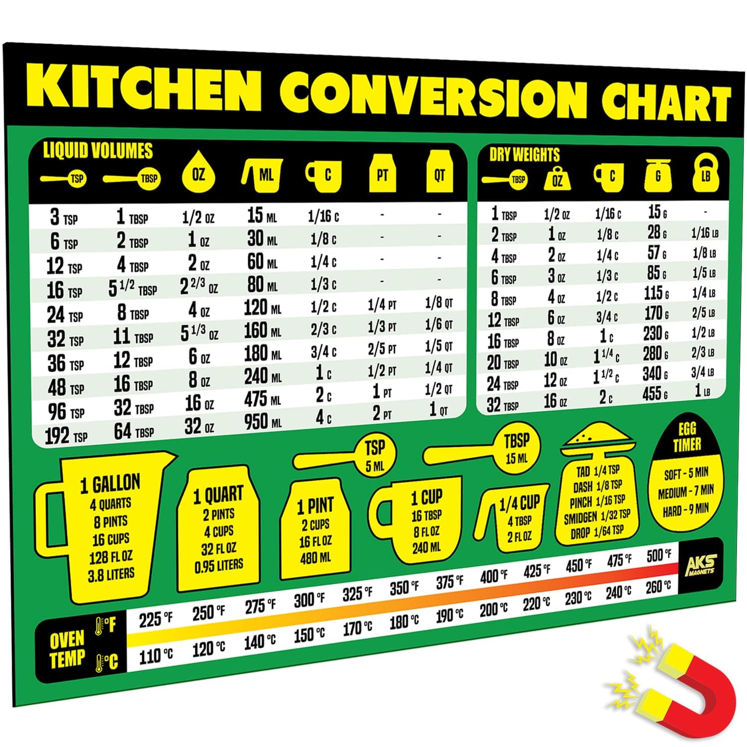 Kitchen Conversion Chart Magnet - Extra Large Easy to Read 11'' x 8.5'' Measurement Cheat Sheet for Cooking Baking & Reading Recipes Convert Volume Weight Celsius Imperial Metric Units