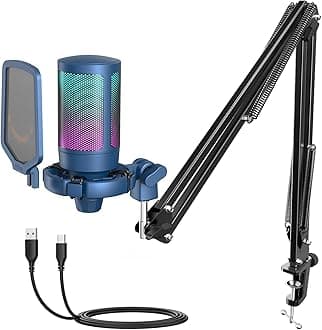 FIFINE USB Gaming Streaming Recording PC Microphone Kit, RGB Condenser Computer Mic Bundle for Podcasts, Audio, Vocal, Video on Mac/Desktop/Laptop, with Boom Arm Stand-A6T Blue