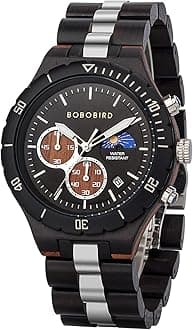 Mens Quartz Wooden Watches Stainless Steel Red Sandalwood Alloy Wood Watch for Male Classic Function Wristwatch Chronograph Luminous Hands Day and Night Date Display, Black, classic