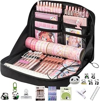 Kawaii Cute Aesthetic Pencil Case - Large Capacity Canvas Pen Pouch Bag (Black 11 PCS Set)