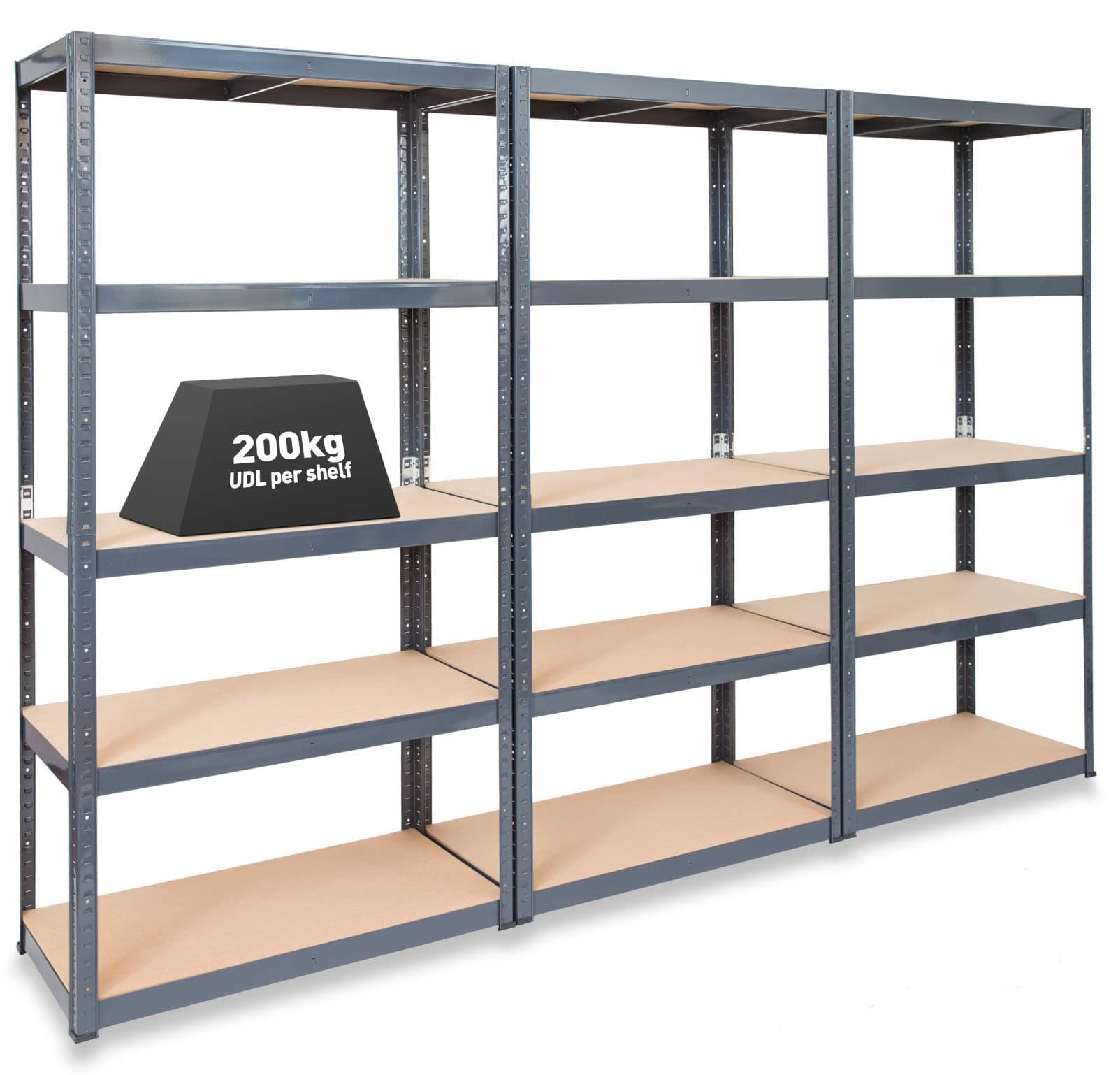 3 Bay Extra Deep Garage Shelving Racking Units – UK’s Bestselling Garage Storage Shelves - 600mm Deep - 200kg Per Shelf (Evenly Distributed) - 5 Level Unit - Metal & MDF Boltless Assembly