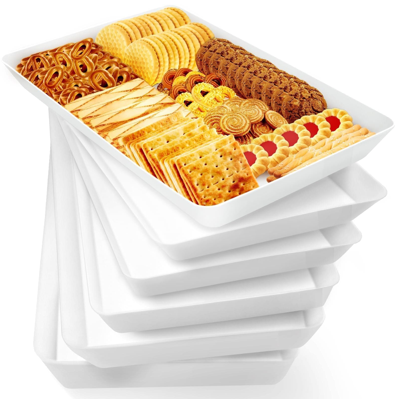 WOWBOX 6 pcs Serving Tray for Entertaining, Serving Platters for Fruit, Cookies, Dessert, Snacks, Reusable Plastic Trays for Serving Food and Pantry Organization in Kitchen & for Parties