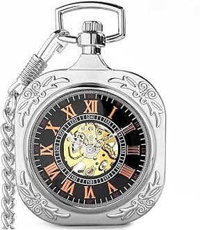 VIGOROSO Mens Classic Steampunk Pocket Watch with Chain Skeleton Hand Wind Mechanical Pocket Watches for Men & Women