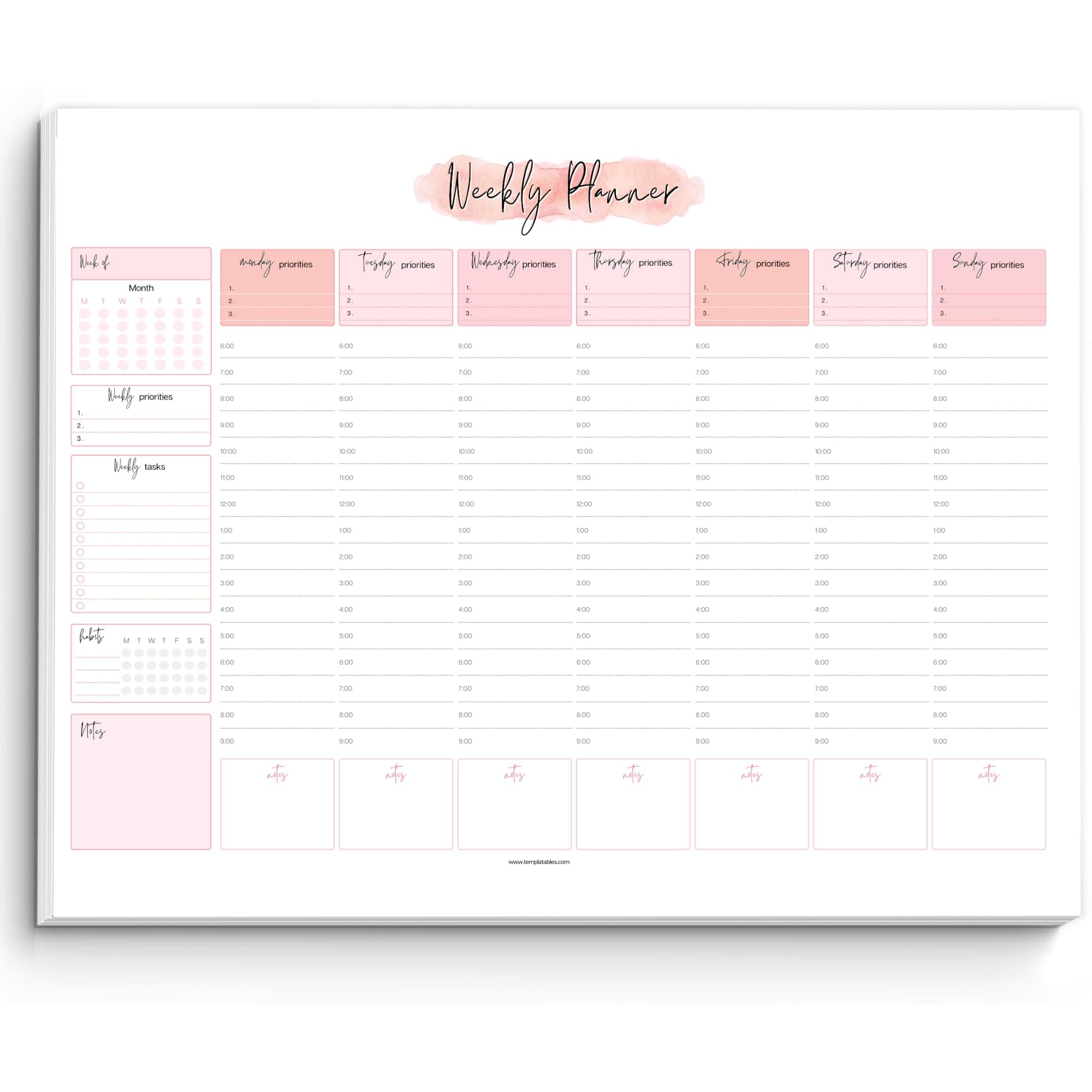 Templatables Weekly Hourly Planner Notepad, Daily Planner Desk Pad, Weekly Schedule, To Do List Note Pad, ADHD Planner | 50 Undated Tear Away Sheets A4 | Pink