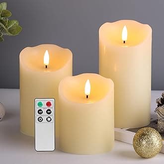 Eywamage Ivory Flameless Pillar Candles with Remote, Flickering Realistic LED Battery Wax Candles Set of 3, Φ 3" H 4" 5" 6"