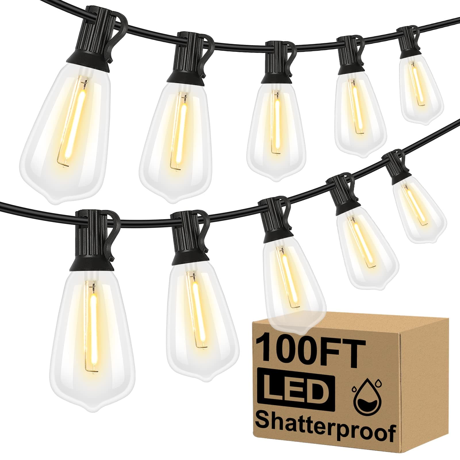 Brightever LED Outdoor String Lights 100ft Patio Lights with 52 Shatterproof ST38 Vintage Edison Bulbs Outdoor Hanging Lights for Porch, Deck, Garden, Backyard, Balcony, Waterproof 2700K Dimmable