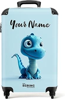 Children's Luggage Kids Suitcase for Boys - Personalised Lightweight Cabin Suitcase on Wheels - Blue Dinosaur with Blue Eyes - 55x40x20cm - Hard Shell Trolley - 20" - 10kg