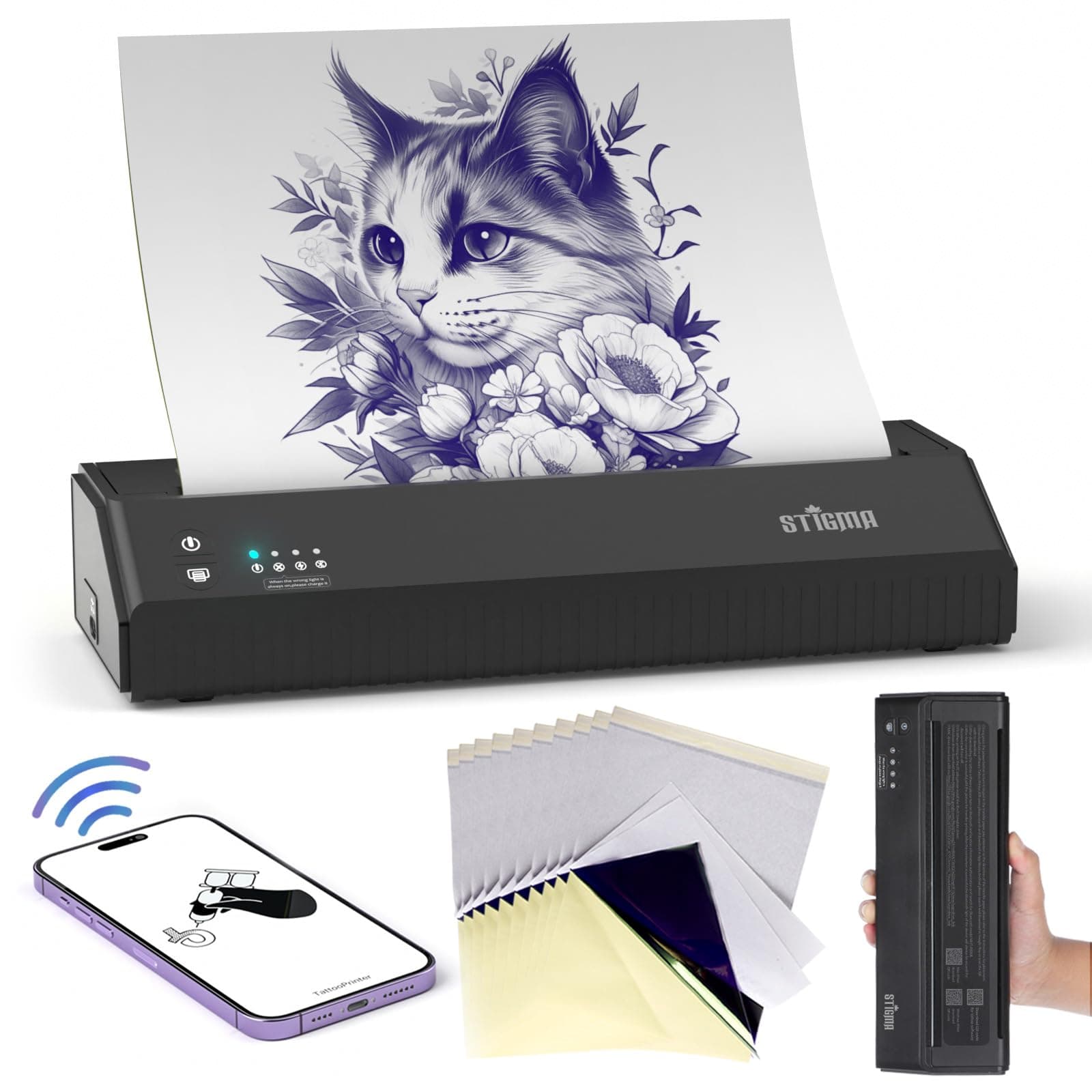 P8008 Bluetooth Tattoo Stencil Printer with 10Pcs Transfer Paper Wireless Thermal Tattoo Copier Machine Mini Tattoo Printer 2500mAh for Tattooing Compatible with iOS,Android & PC MHT-P8008-US