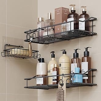 Adhesive Shower Caddy Shelf Shower Wall Organizer,Large Capacity Bathroom Shelves,No Drilling Shower Basket for Storage,SUS304 Stainless Steel Rustproof,3 Pack (Black)