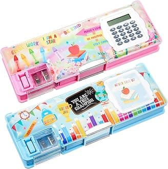 Henoyso 2 Pcs Multifunctional Pencil Case with Calculator for Girls, Cute Plastic Pencil Box with Sharpener, Pen Pouch School Supplies Gifts for Christmas Girls Boys(Book, Schoolbag)