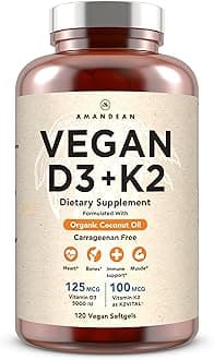 - AMANDEAN Vitamin D3 K2. Vegan & Plant-Based 5000iu VIT D from Algae. All-Trans MK-7 K2Vital. 120 Softgels. Carrageenan Free. Organic Coconut Oil Blend. for Mood, Bones, Heart, Immune Health.