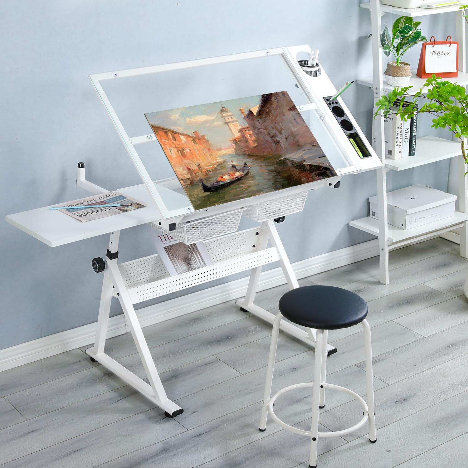 LIFE SKY Adjustable Glass Drafting Table - Height Adjustable Temped Glass Artists Drawing Table with Storage - Art Craft Desk Workstation for Adults
