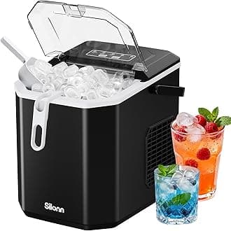 Silonn Ice Maker Countertop, Portable Ice Machine with Carry Handle, Self-Cleaning Ice Makers with Basket and Scoop, 9 Cubes in 6 Mins, 26 lbs per Day, Ideal for Home, Kitchen, Camping, RV