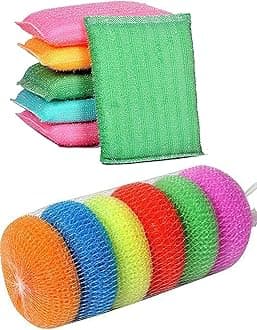 GIRLYZ Attire Colorful Foam Pad & Plastic Scrub Pads Sponge Scourer Kitchen Scrubber for Dish/Utensils/Tiles Cleaning (Pack of 1 Color Foam Pad Sponge & 1 Plastic Scrub Pads Foam Pad Sponge Scourer)