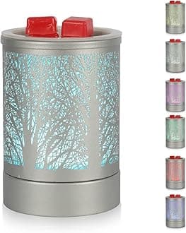 Enaroma Matte Silver Electric Wax Melt Warmer with Metal Tree Candle Warmer Oil Lamp with 7 Colors LED Light Replacement Silicone Liner for Home Decoration Gift